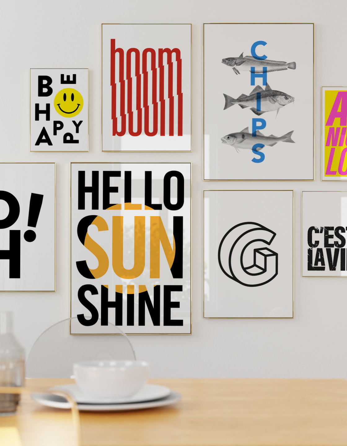 A vibrant 'Hello Sunshine' art print featuring bright colors and an uplifting message, perfect for bedroom decor.