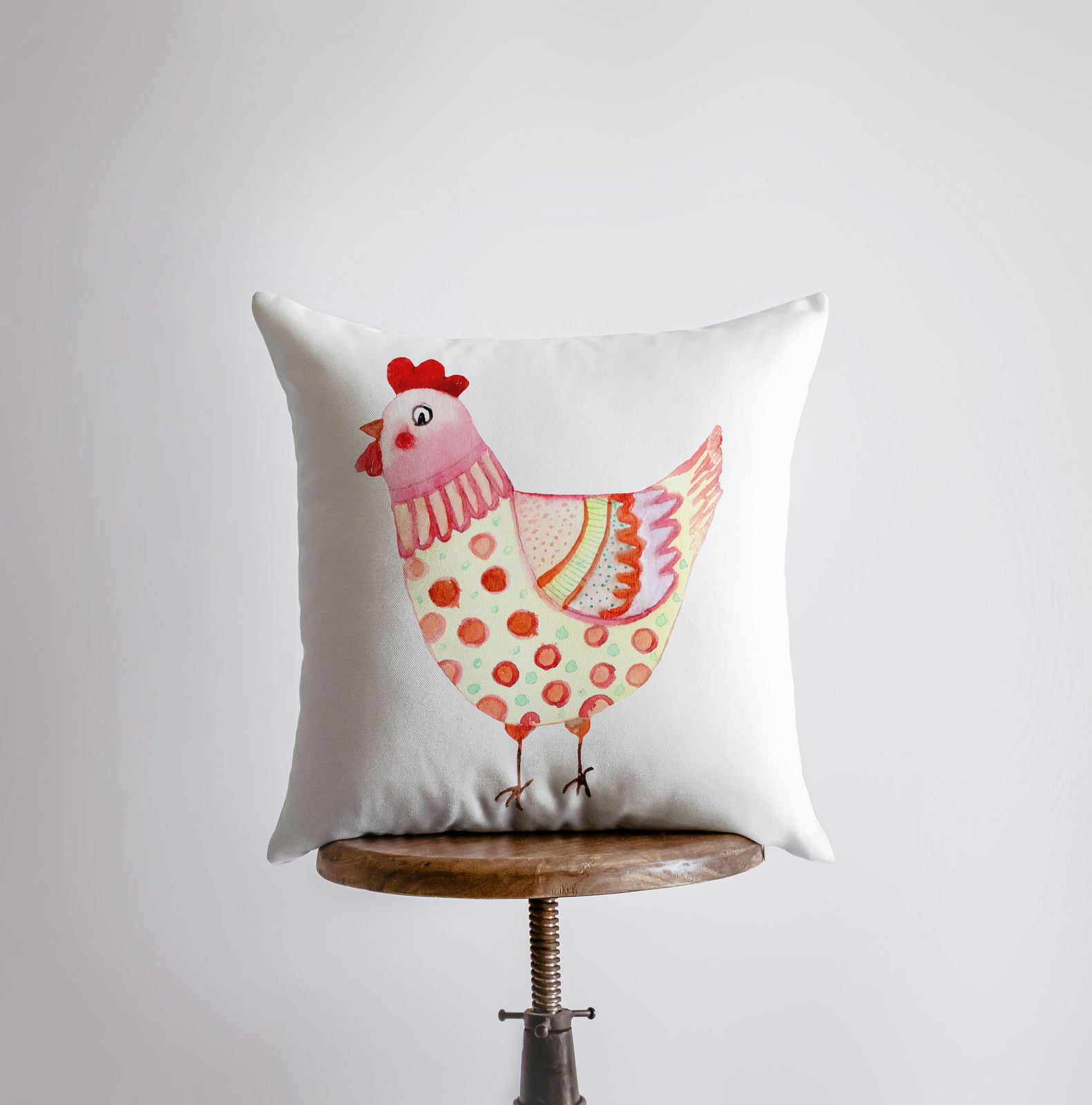 Handmade yellow hen pillow cover featuring a cute hen design, perfect for farmhouse decor.