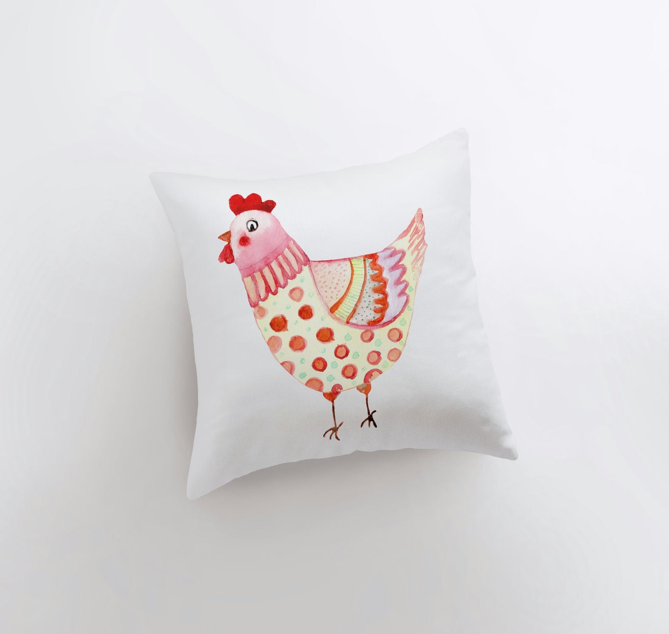 Handmade yellow hen pillow cover featuring a cute hen design, perfect for farmhouse decor.