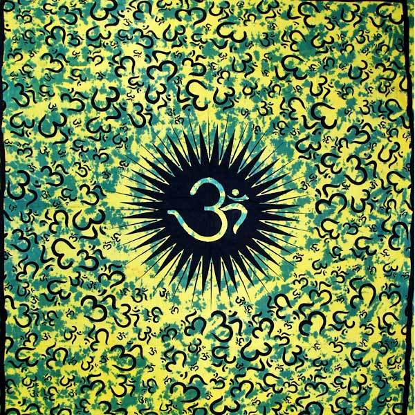 Henna Green Om Echoes Tapestry featuring a large OM symbol surrounded by smaller OM symbols, perfect for yoga and meditation.