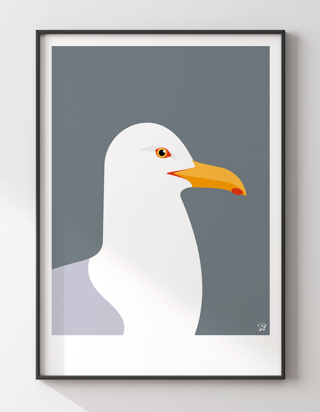 A minimalist art print of a Herring Gull, showcasing its elegant form against a soft background, perfect for coastal decor.