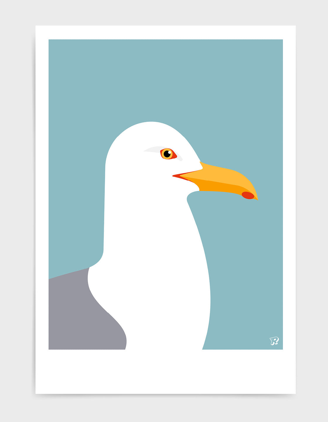 A minimalist art print of a Herring Gull, showcasing its elegant form against a soft background, perfect for coastal decor.