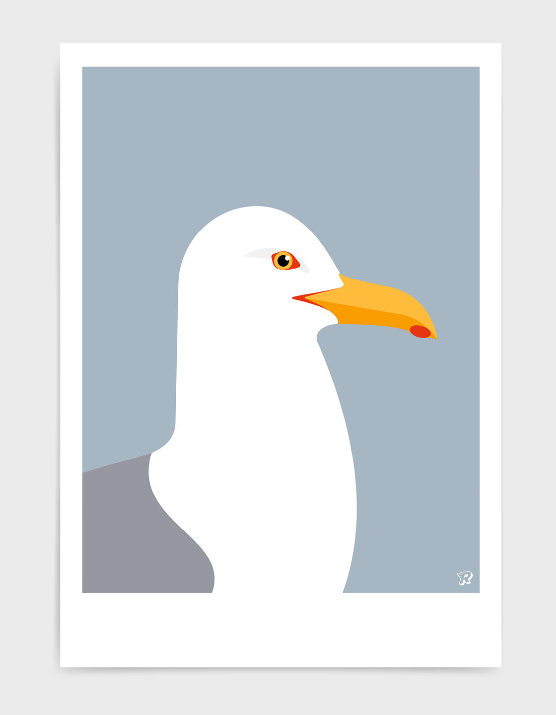 A minimalist art print of a Herring Gull, showcasing its elegant form against a soft background, perfect for coastal decor.