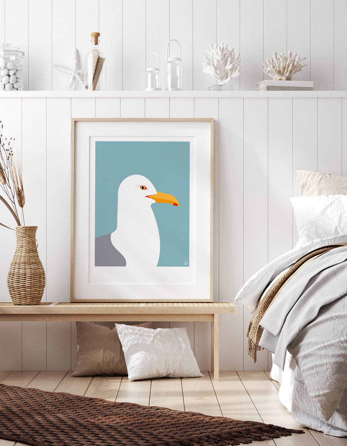 A minimalist art print of a Herring Gull, showcasing its elegant form against a soft background, perfect for coastal decor.