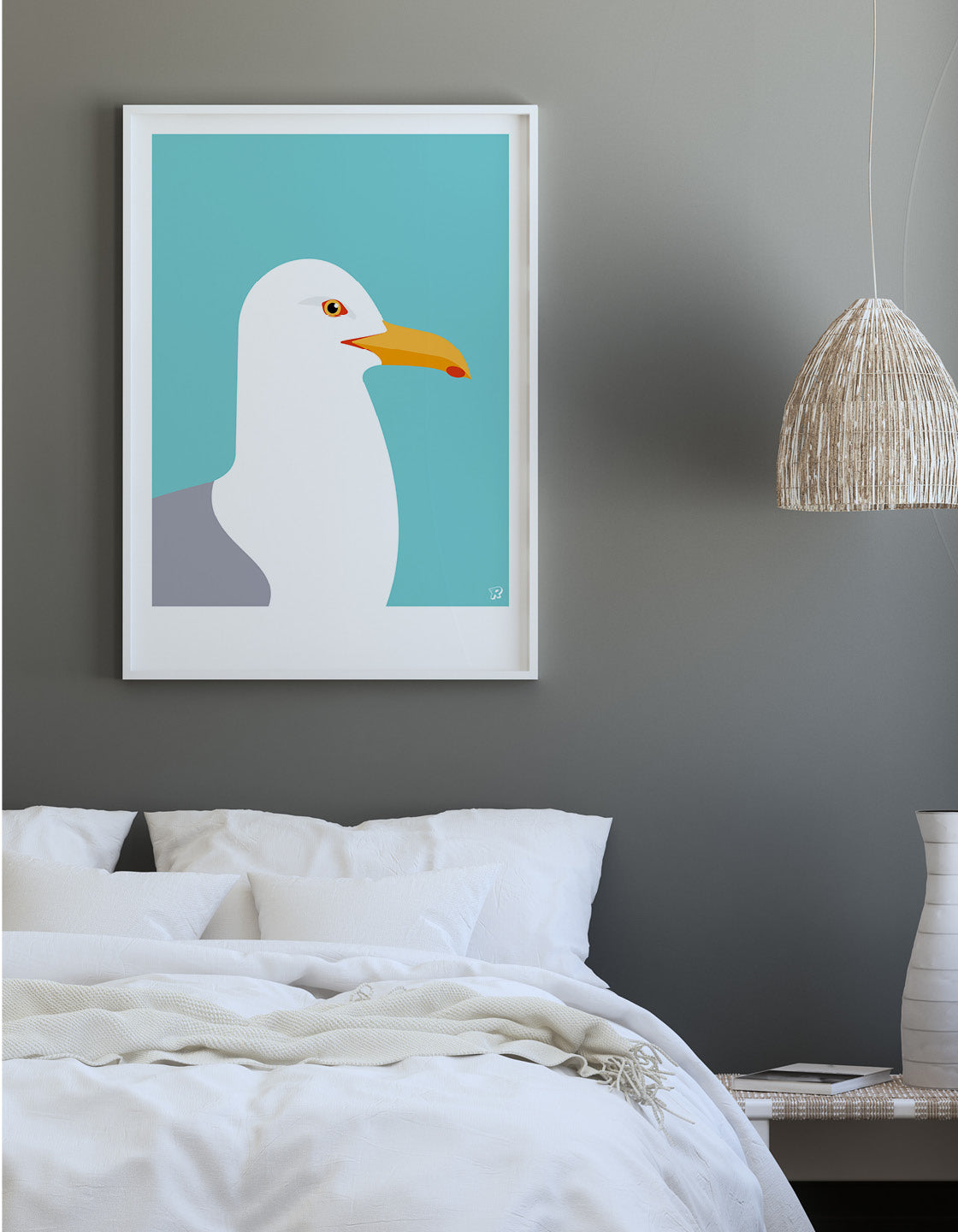 A minimalist art print of a Herring Gull, showcasing its elegant form against a soft background, perfect for coastal decor.