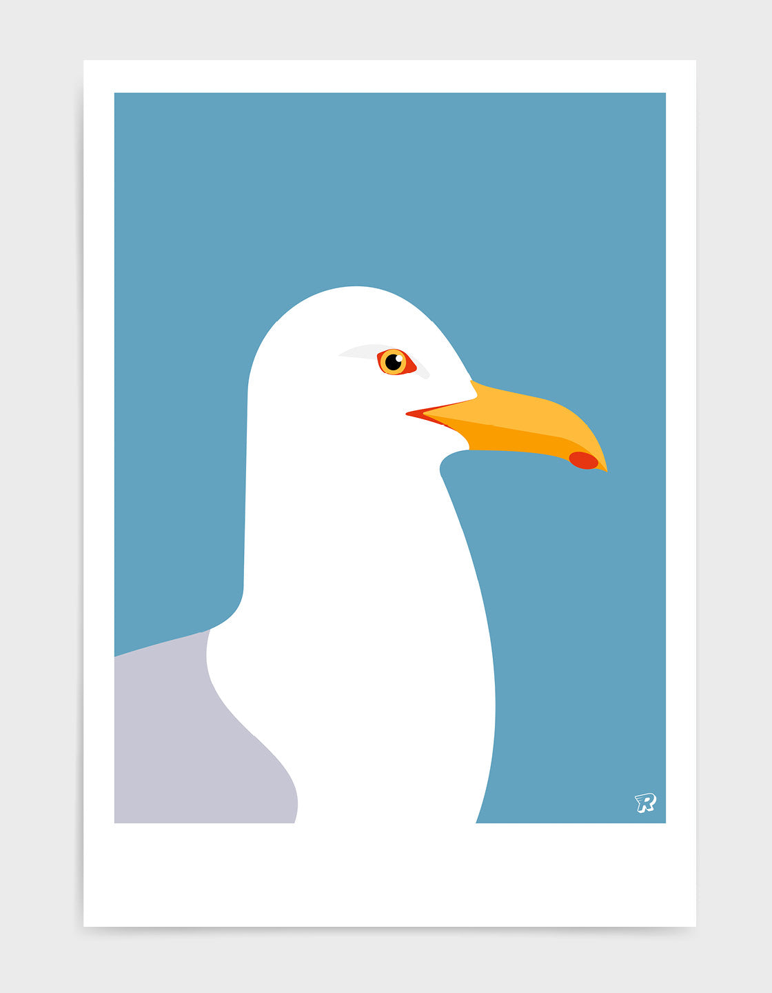 A minimalist art print of a Herring Gull, showcasing its elegant form against a soft background, perfect for coastal decor.