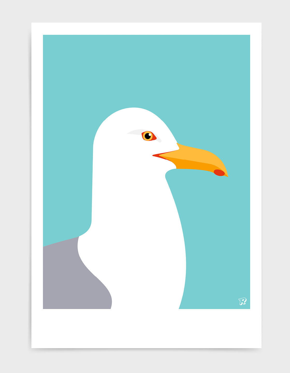 A minimalist art print of a Herring Gull, showcasing its elegant form against a soft background, perfect for coastal decor.