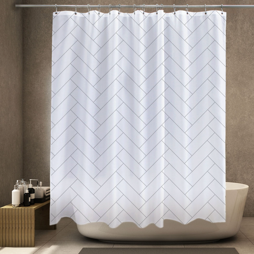 Herringbone shower curtain measuring 180cm x 180cm, featuring a modern design in high-quality polyester.