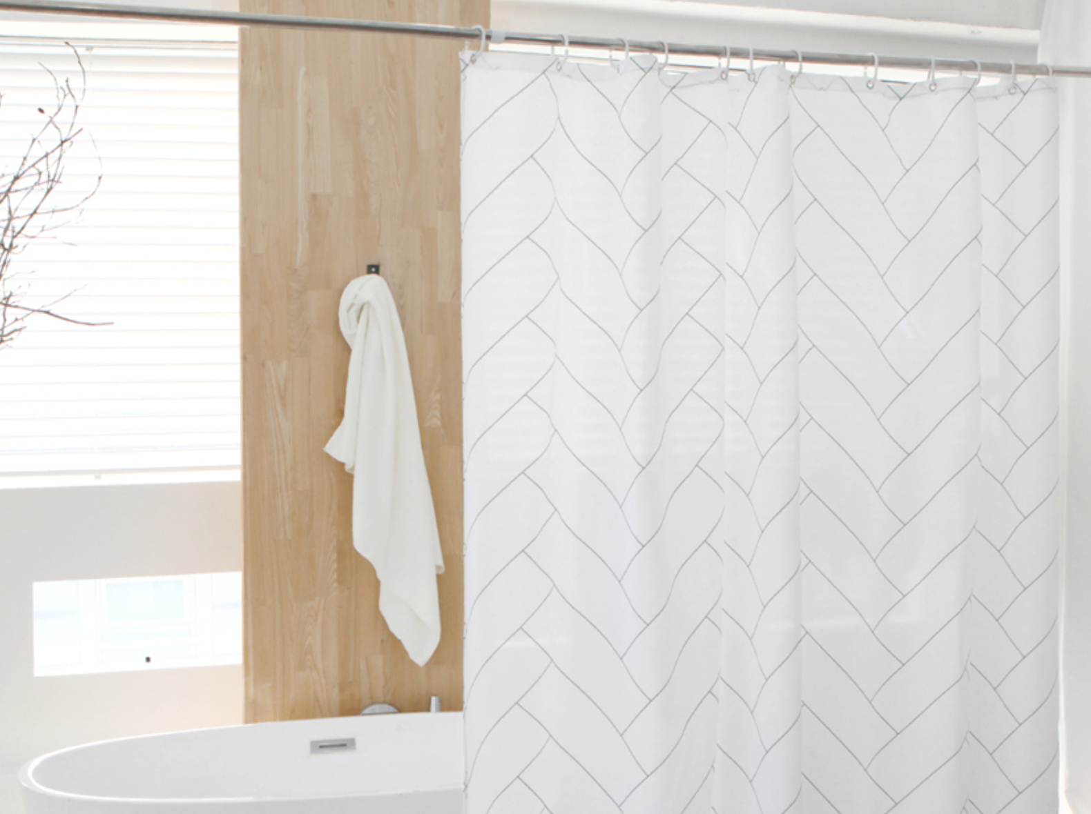 Herringbone shower curtain measuring 180cm x 180cm, featuring a modern design in high-quality polyester.