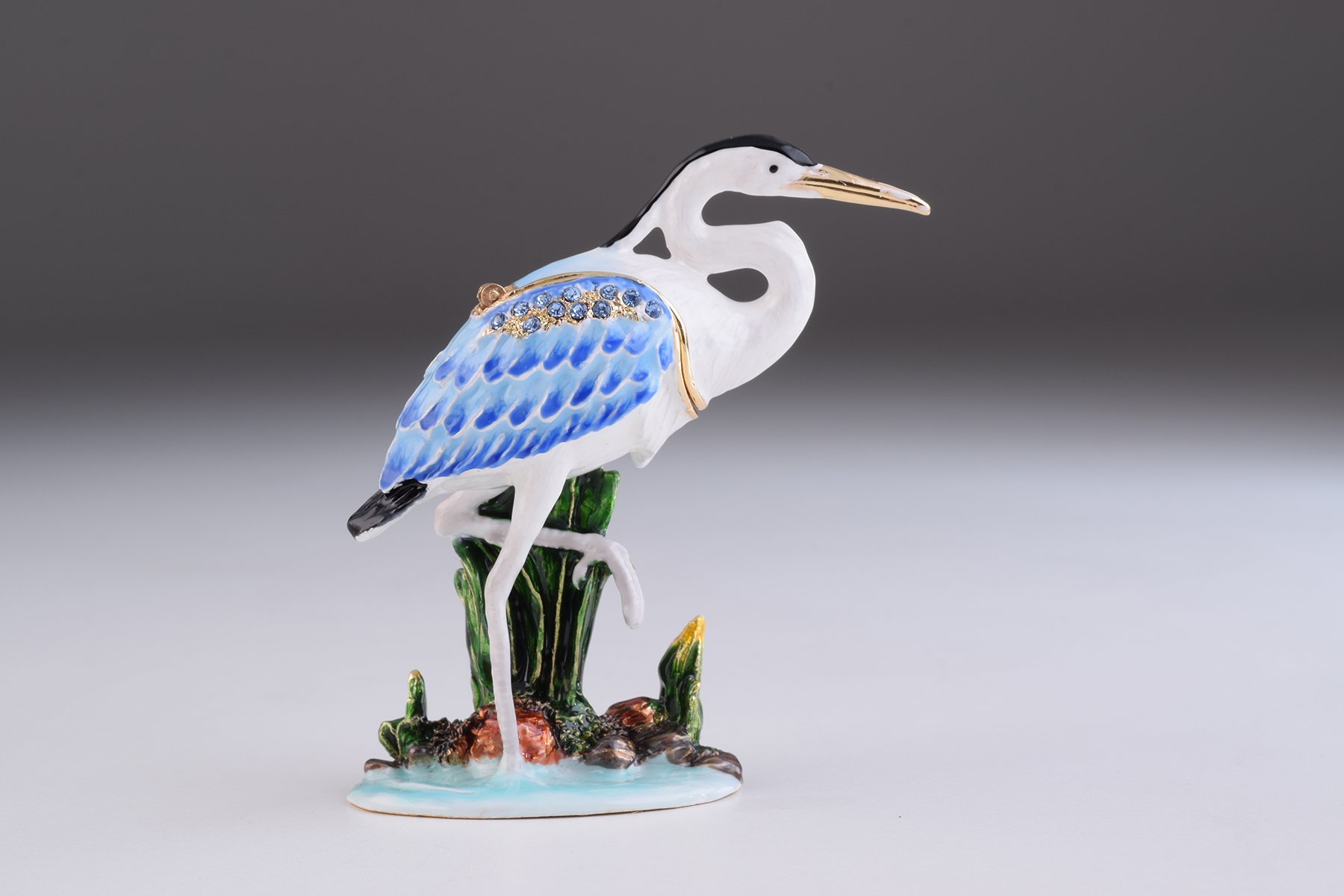 Handcrafted Heron Bird trinket box with Austrian crystals and gold plating, featuring a magnetic closure.