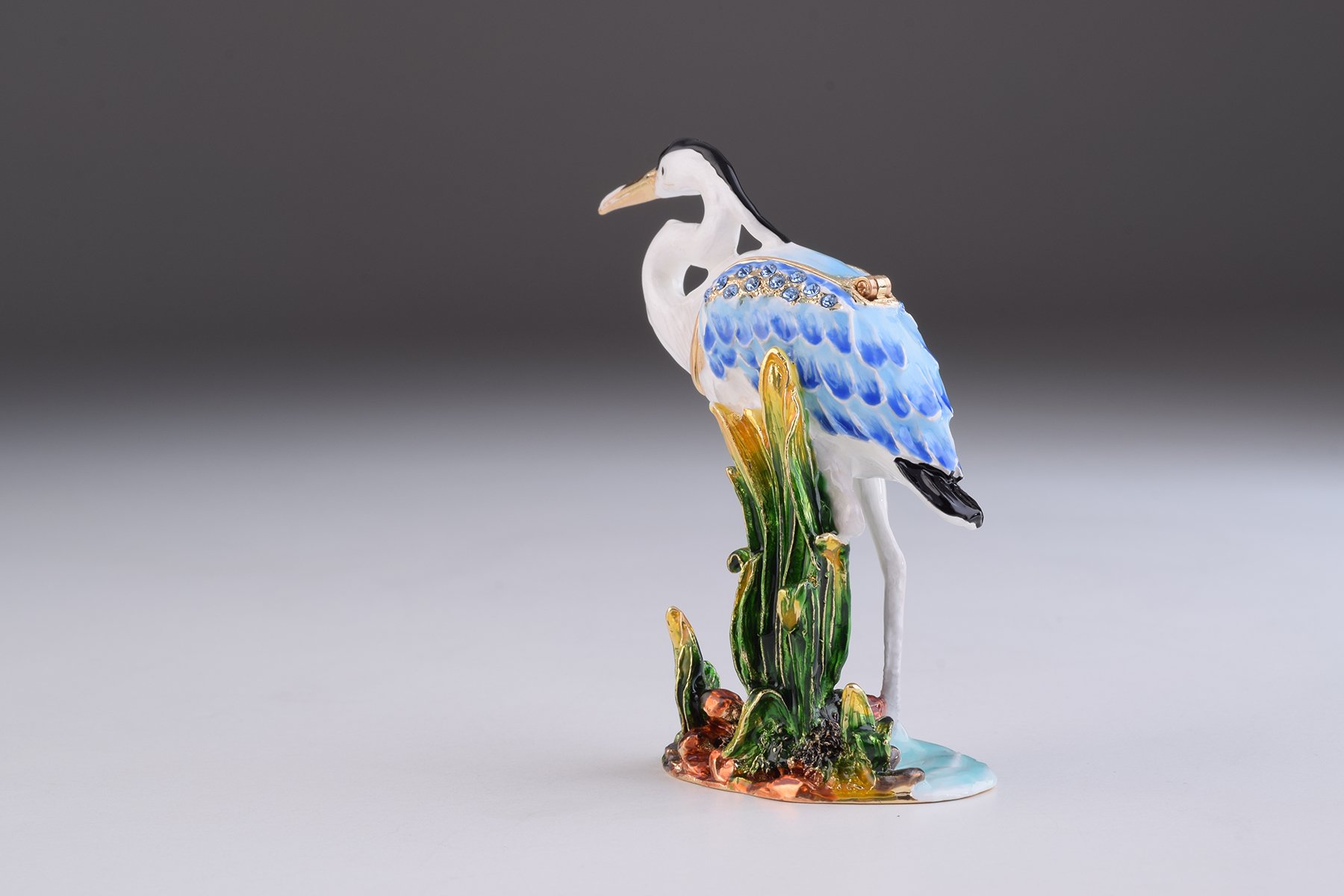 Handcrafted Heron Bird trinket box with Austrian crystals and gold plating, featuring a magnetic closure.