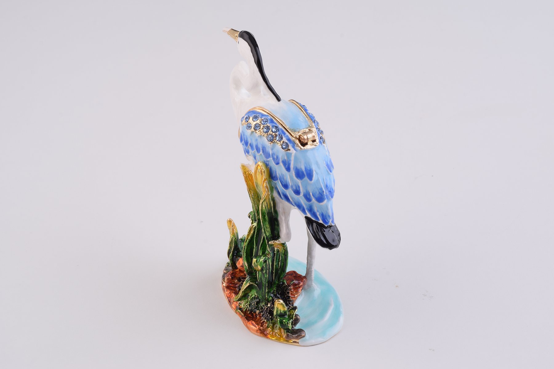 Handcrafted Heron Bird trinket box with Austrian crystals and gold plating, featuring a magnetic closure.