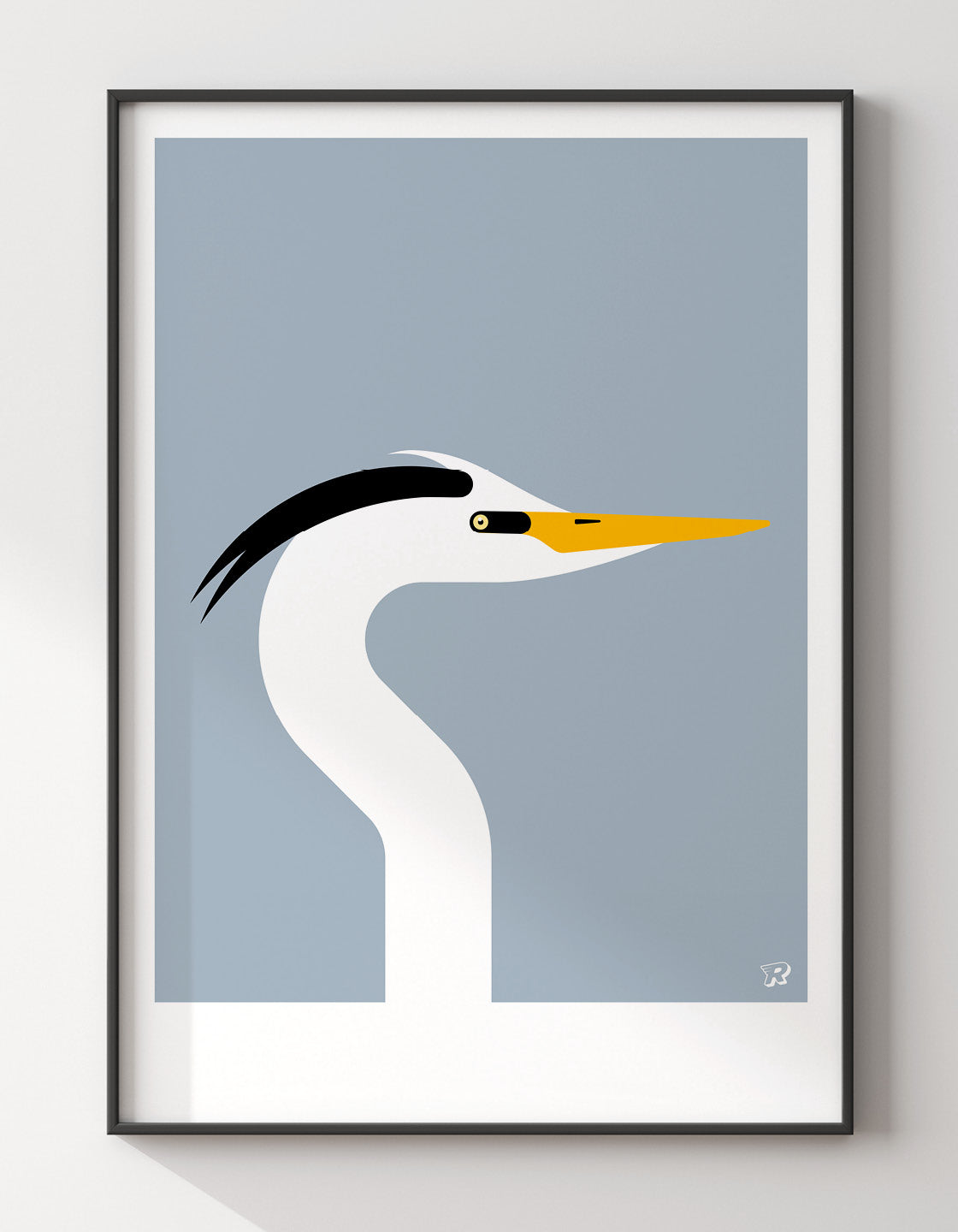 A vibrant and elegant poster of a heron, showcasing its beautiful design against a minimalistic background.