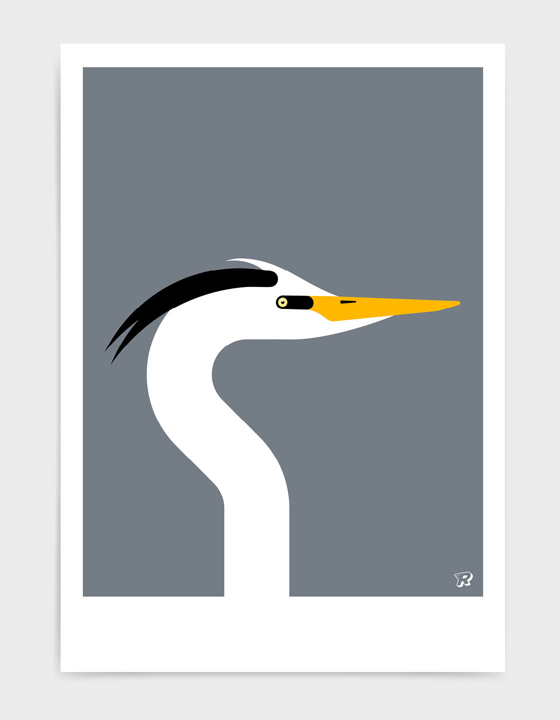 A vibrant and elegant poster of a heron, showcasing its beautiful design against a minimalistic background.