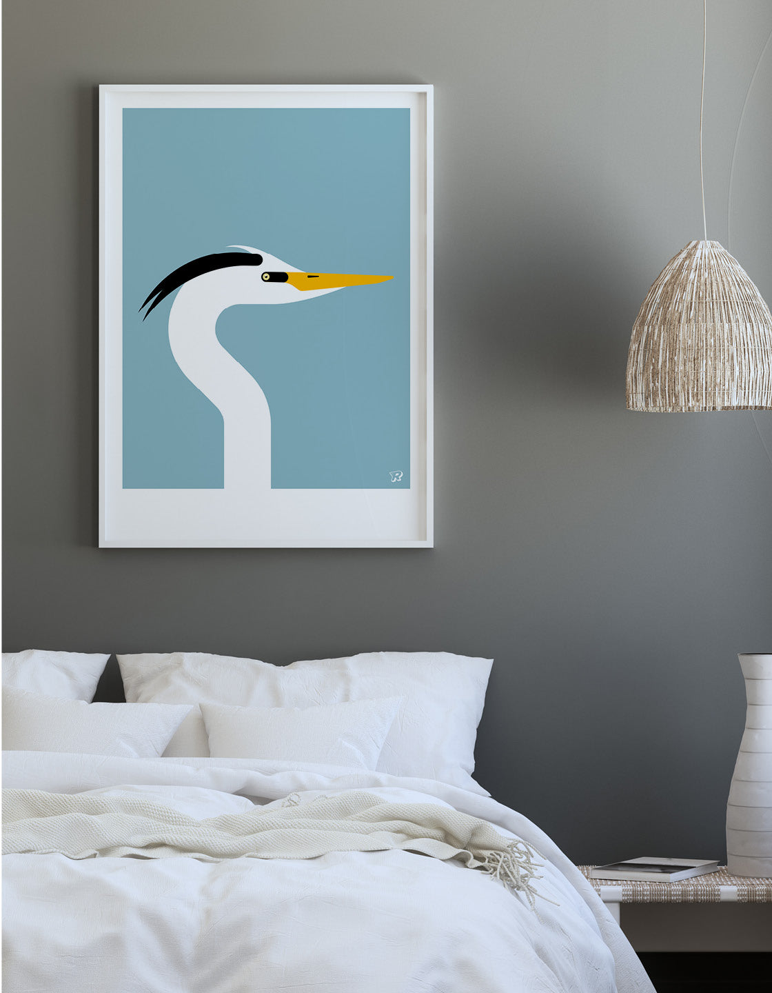 A vibrant and elegant poster of a heron, showcasing its beautiful design against a minimalistic background.