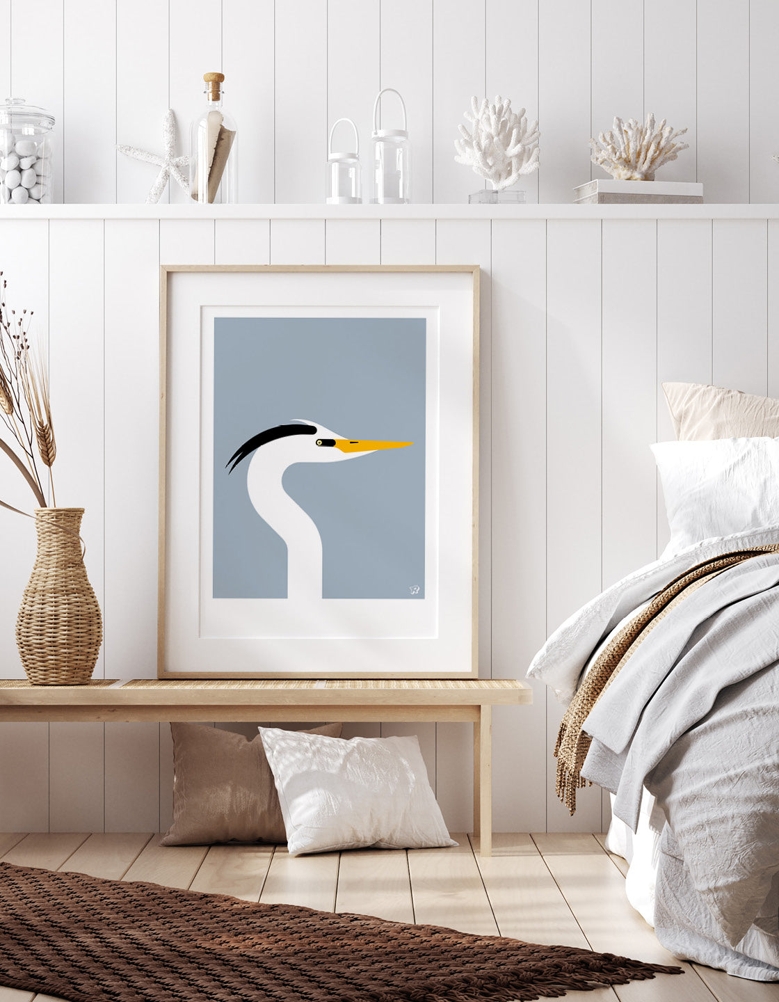 A vibrant and elegant poster of a heron, showcasing its beautiful design against a minimalistic background.