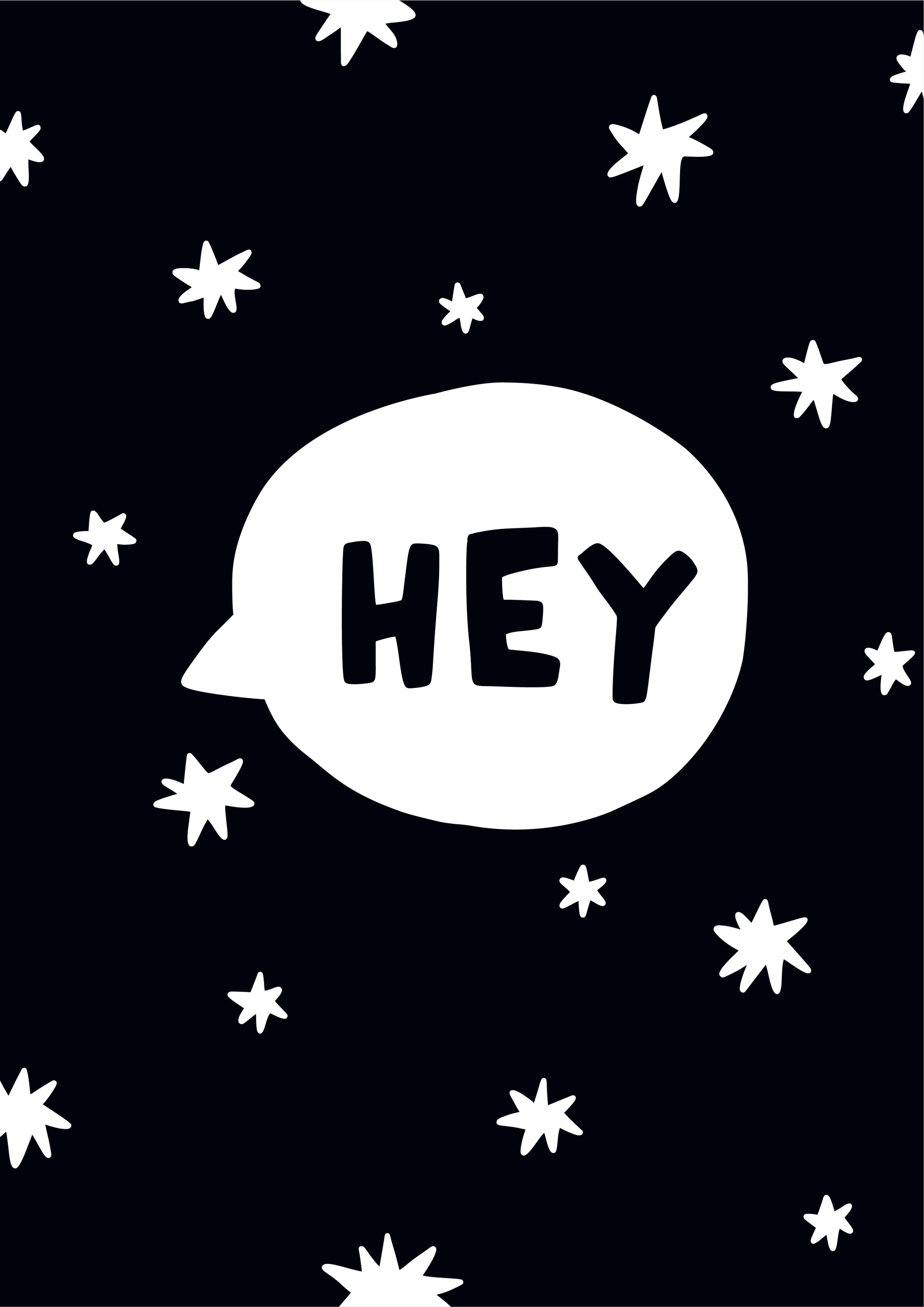 Modern wall art featuring the phrase 'Hey' surrounded by stars, designed for nursery decor.