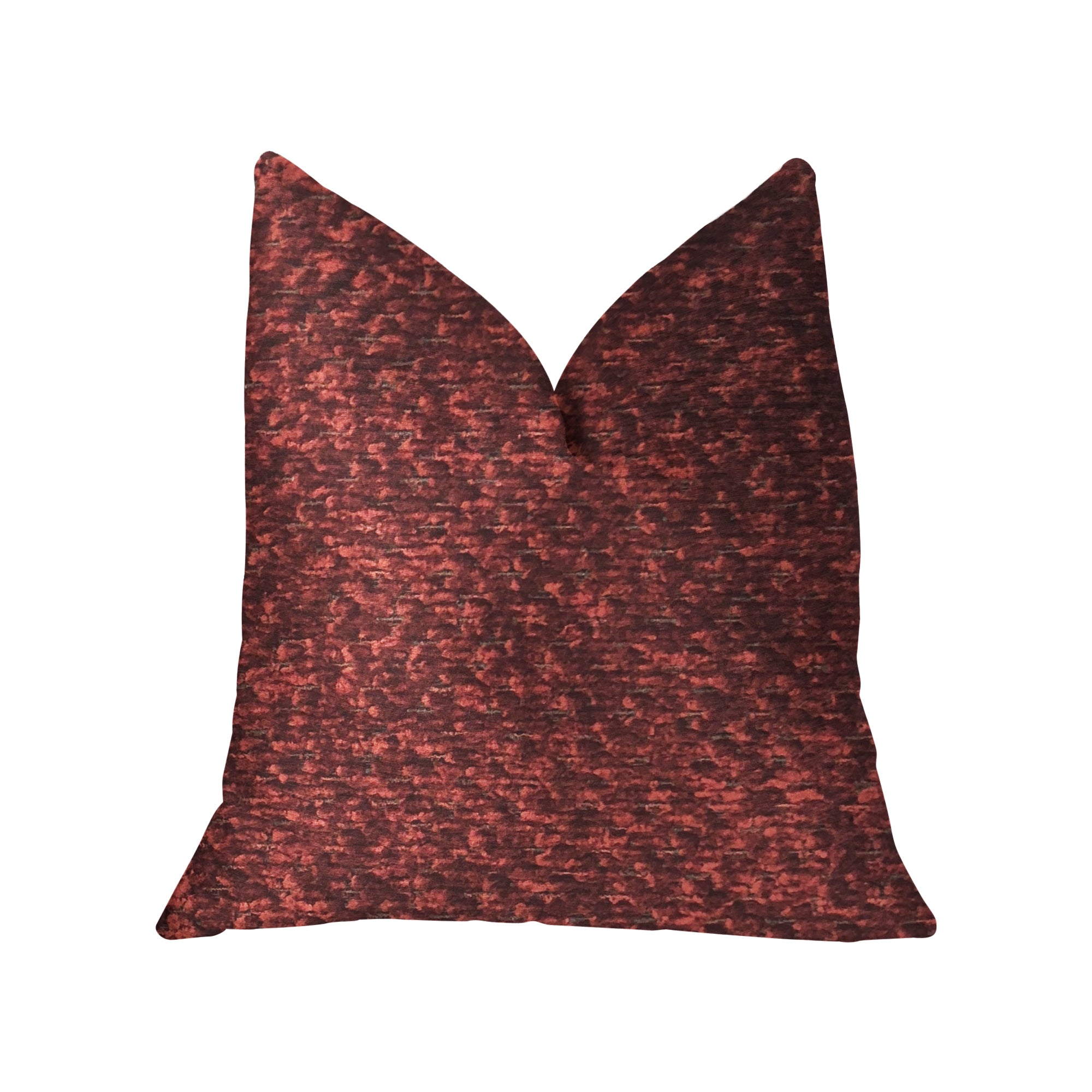 A luxurious hibiscus burgundy red throw pillow with a textured fabric, featuring an invisible zipper and double-sided design, handmade in the USA.