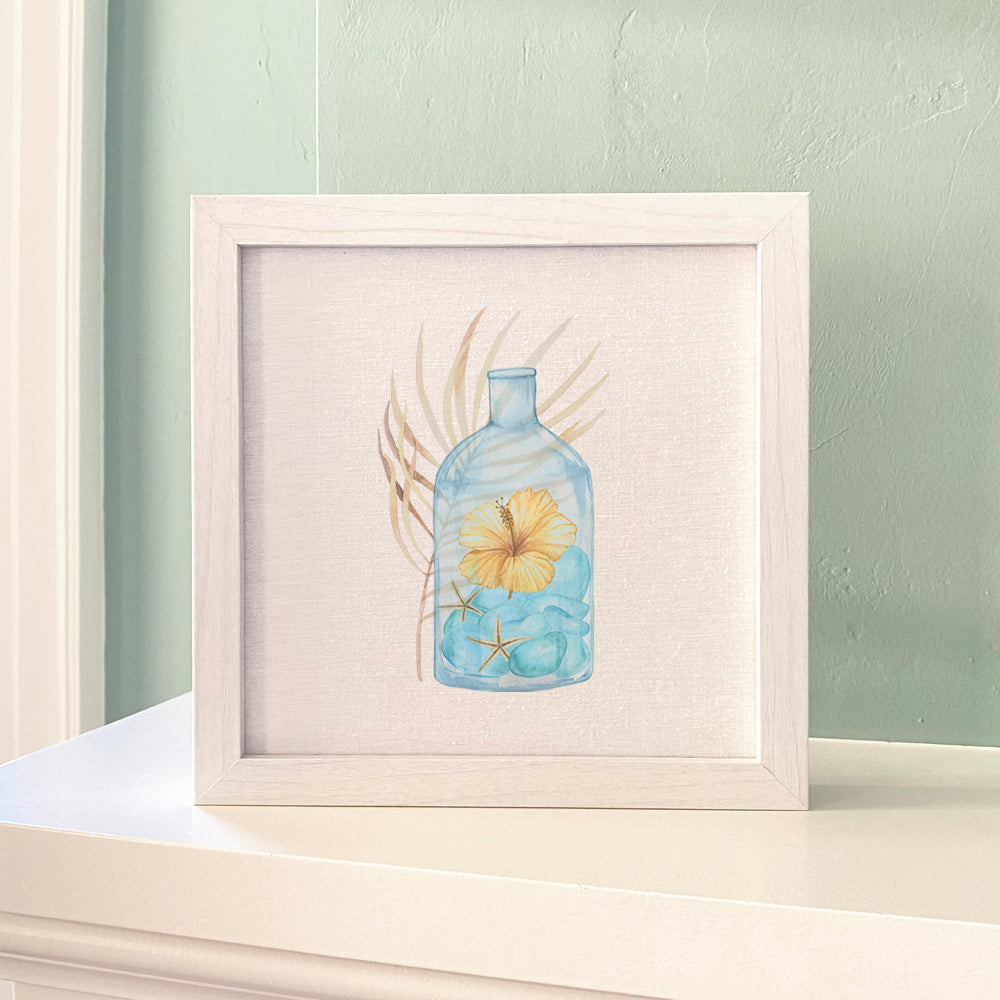 Hibiscus in a Bottle framed sign with a stylized wood frame, featuring eco-friendly ink printing on a linen-look background.