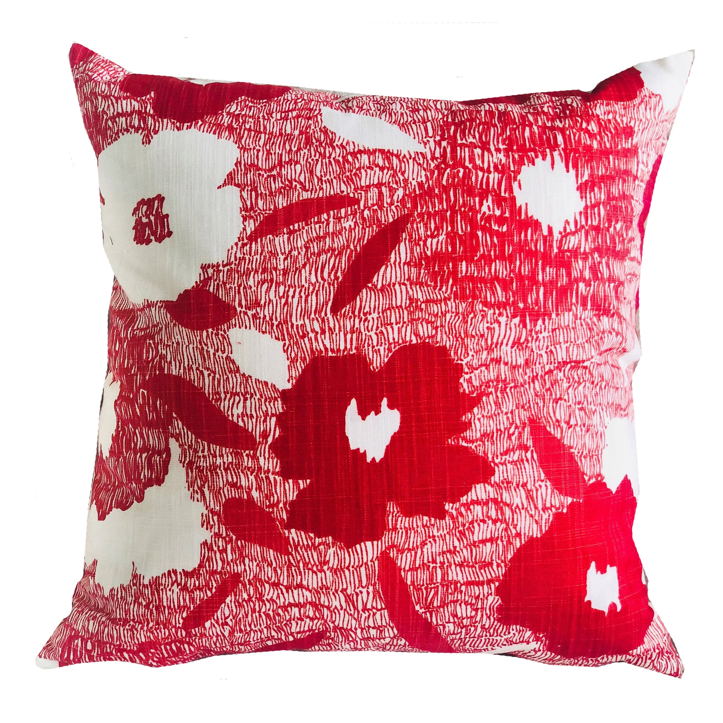 Hibiscus Red and Beige Luxury Throw Pillow featuring a floral design, handmade in the USA with a soft cotton fabric and invisible zipper.