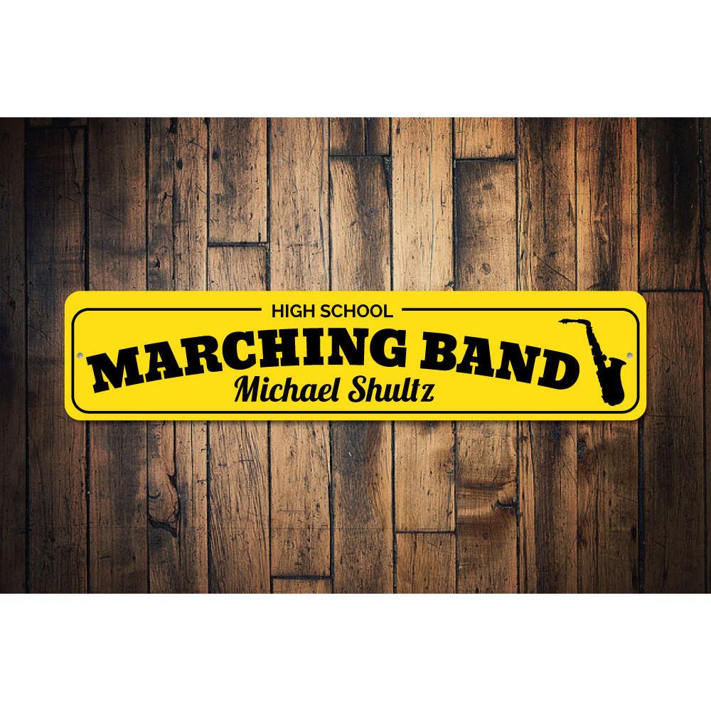 High School Marching Band Sign made of durable aluminum, featuring customizable text and pre-drilled holes for easy mounting.