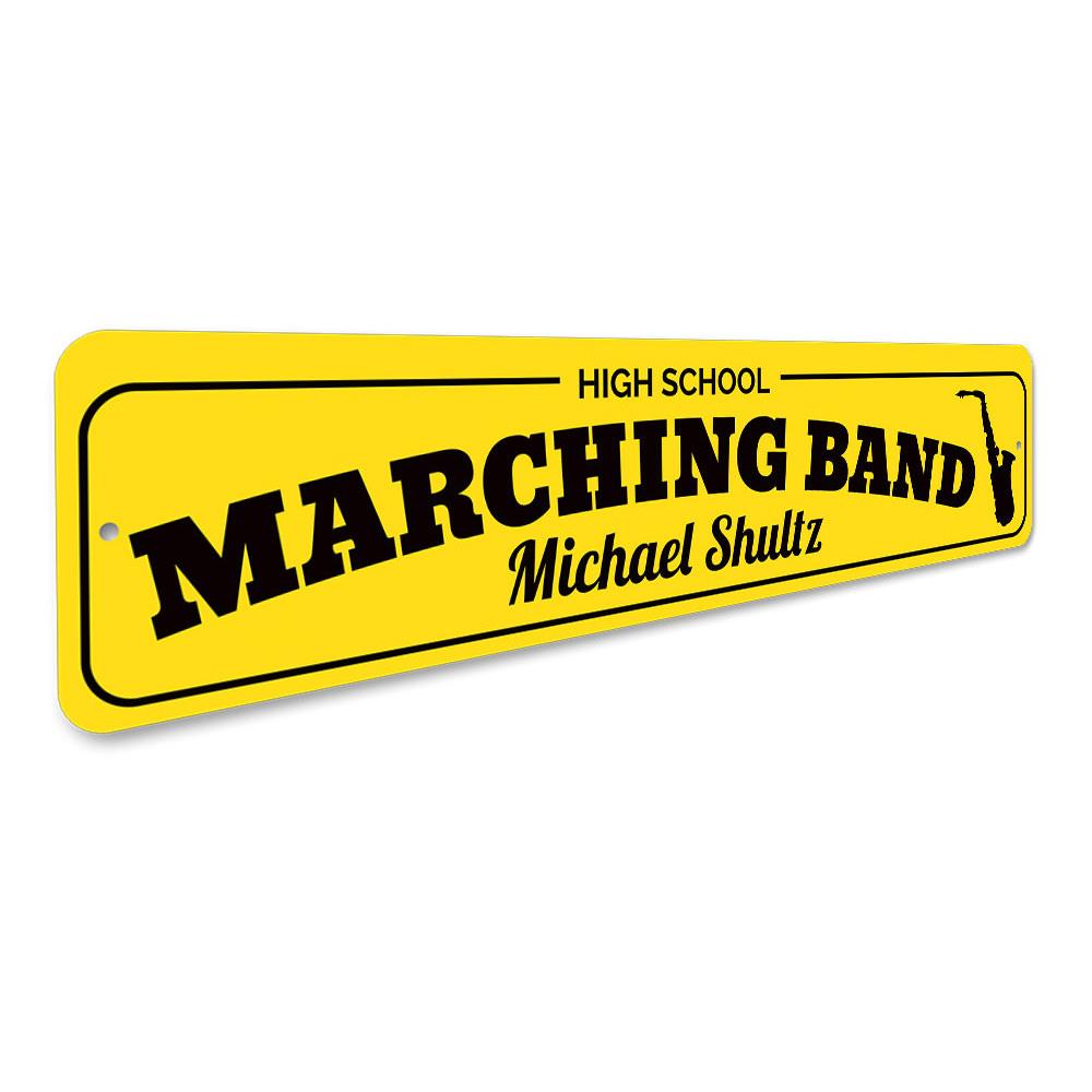 High School Marching Band Sign made of durable aluminum, featuring customizable text and pre-drilled holes for easy mounting.