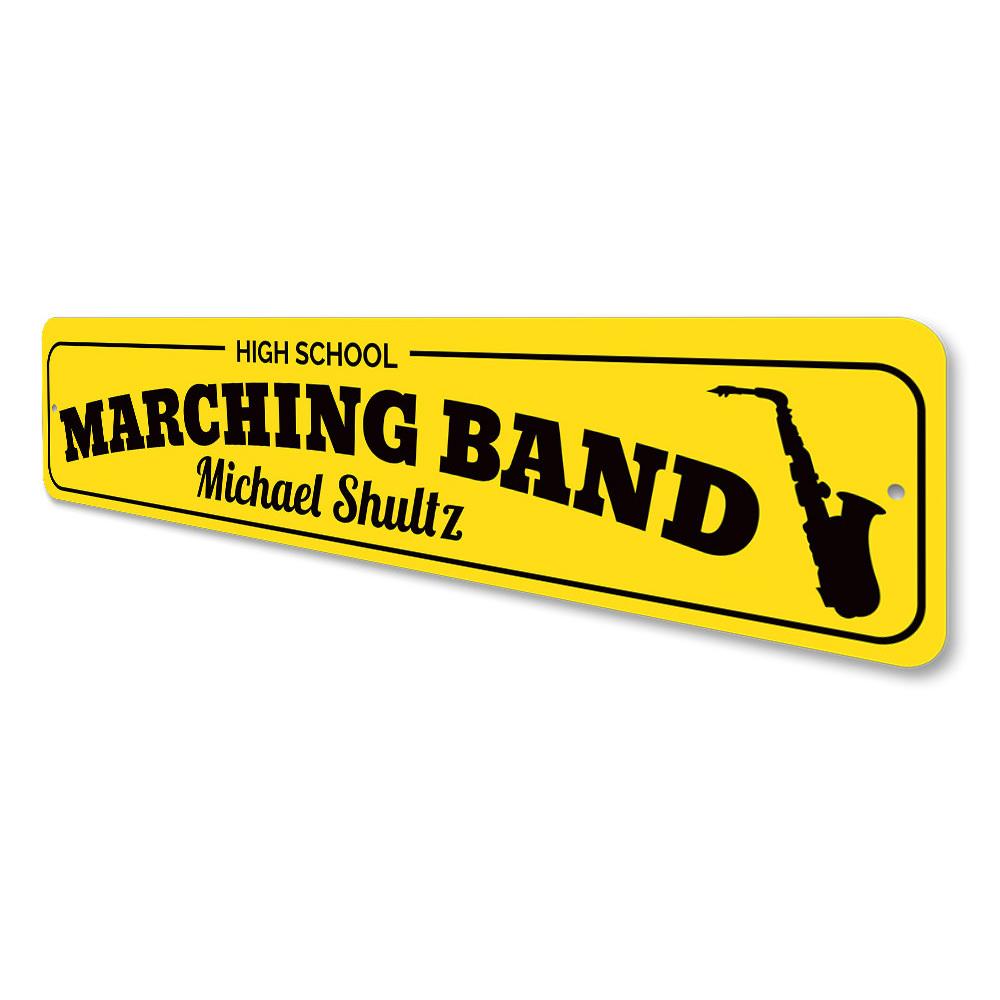 High School Marching Band Sign made of durable aluminum, featuring customizable text and pre-drilled holes for easy mounting.