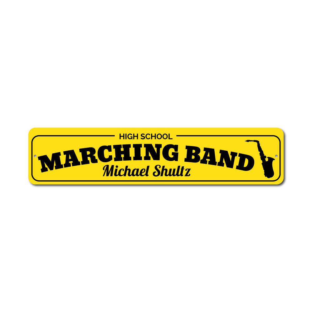 High School Marching Band Sign made of durable aluminum, featuring customizable text and pre-drilled holes for easy mounting.