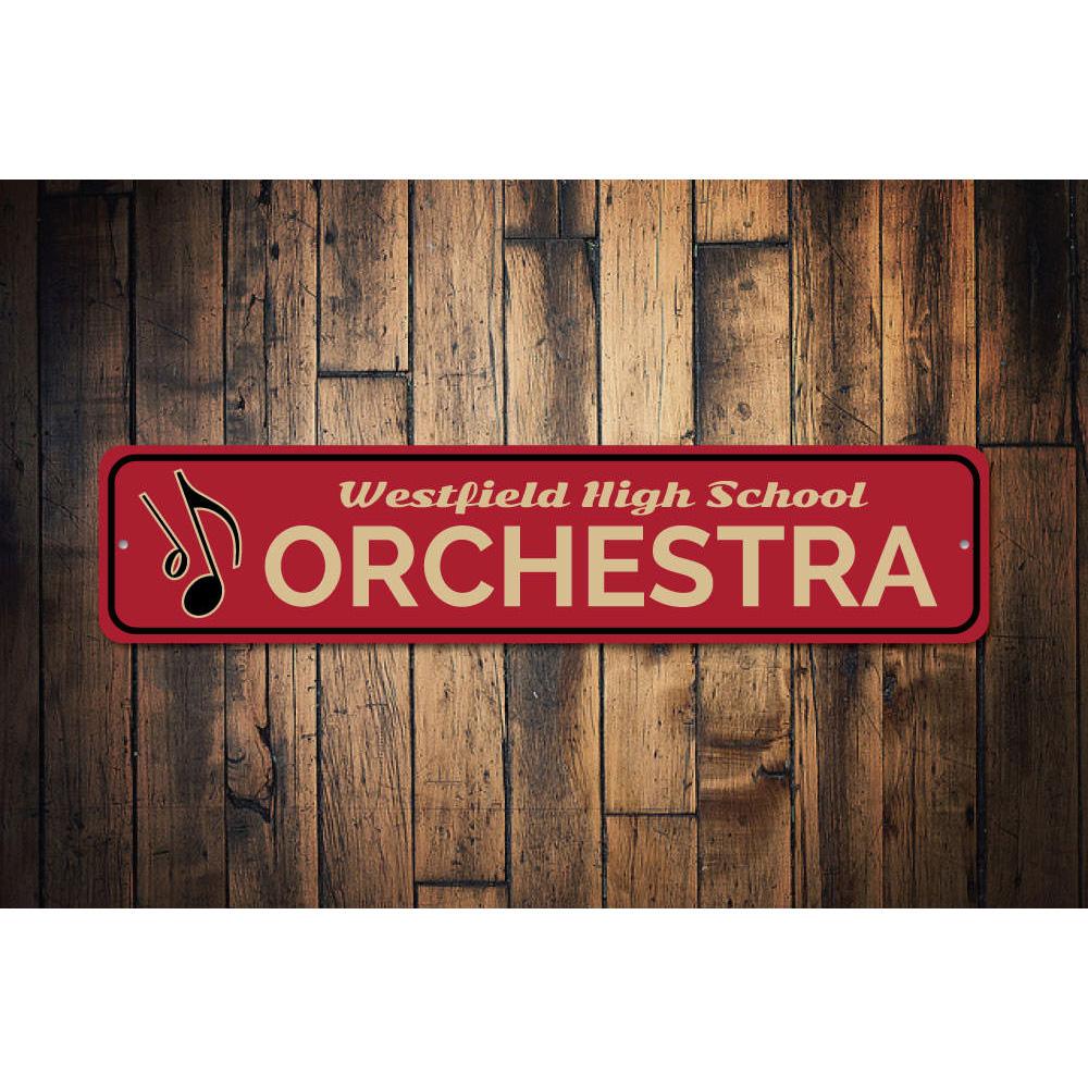 High School Orchestra Sign made of aluminum, featuring musical notes and customizable text, perfect for music lovers' decor.