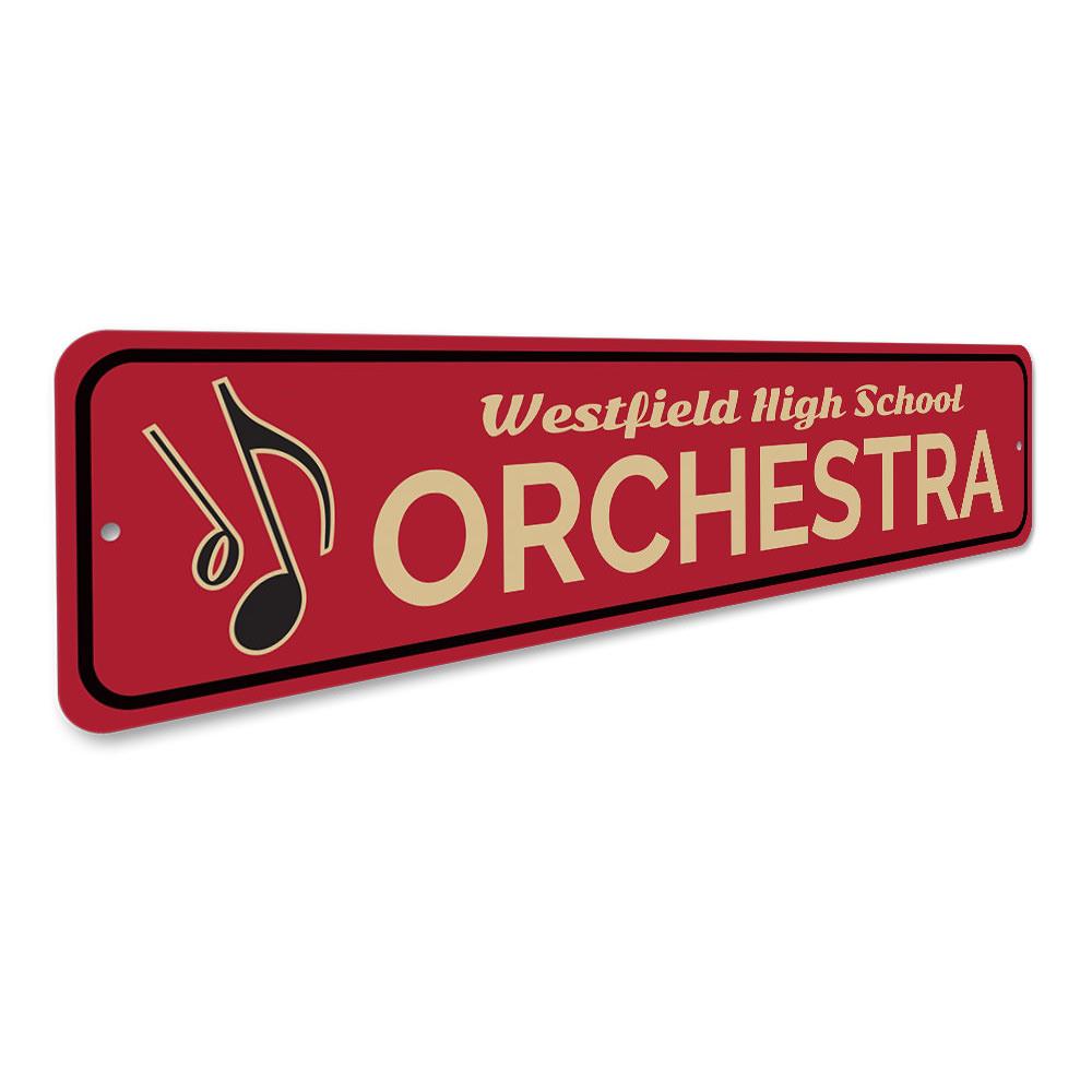 High School Orchestra Sign made of aluminum, featuring musical notes and customizable text, perfect for music lovers' decor.