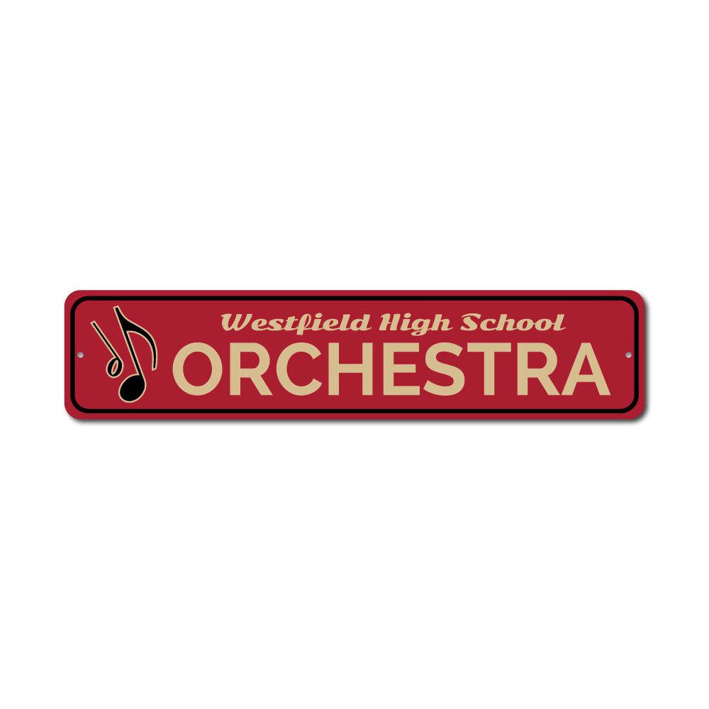 High School Orchestra Sign made of aluminum, featuring musical notes and customizable text, perfect for music lovers' decor.