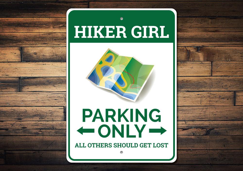 Hiker Girl Parking Sign made of aluminum, featuring a creative design for outdoor enthusiasts, suitable for various vehicles.