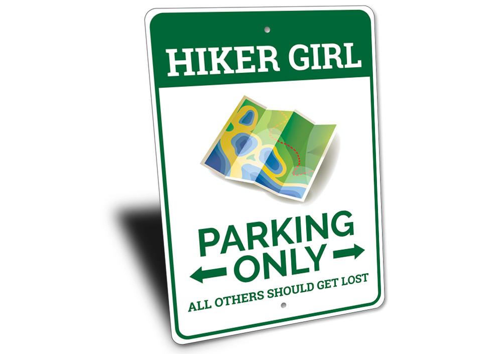 Hiker Girl Parking Sign made of aluminum, featuring a creative design for outdoor enthusiasts, suitable for various vehicles.