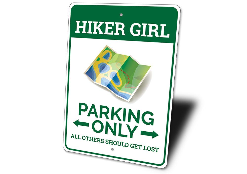 Hiker Girl Parking Sign made of aluminum, featuring a creative design for outdoor enthusiasts, suitable for various vehicles.