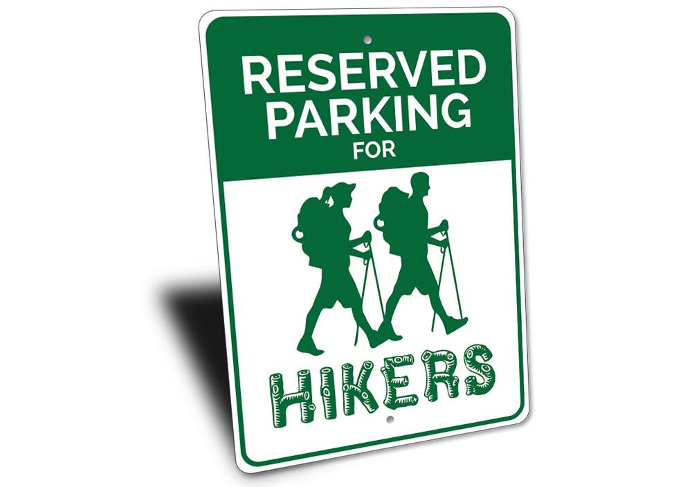 A customizable Hiker Parking Sign made of durable aluminum, featuring pre-drilled holes for easy mounting, showcasing various designs.