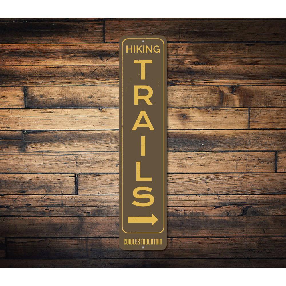 Hiking Trails Vertical Sign made of high-quality aluminum, featuring customizable text and pre-drilled holes for easy mounting.