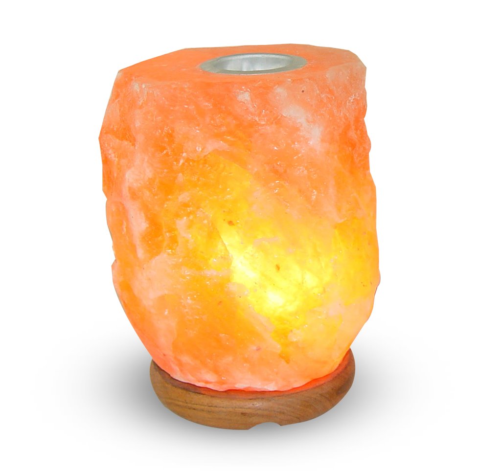 Himalayan Natural Aroma Rock Salt Lamp with a warm amber glow, hand-carved from pure Himalayan salt, resting on a polished wooden base.