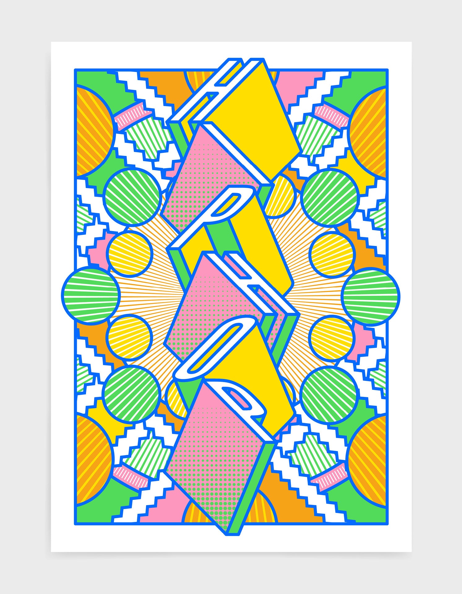 Vibrant Hiphop music poster featuring bold 80s abstract patterns and colors, perfect for home or office decor.