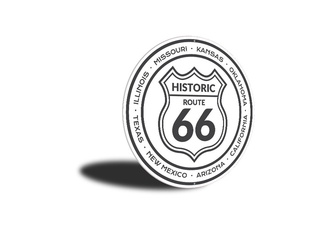 Historic Route 66 States Novelty Sign made of aluminum, featuring vibrant colors and iconic Route 66 design, perfect for home decor.