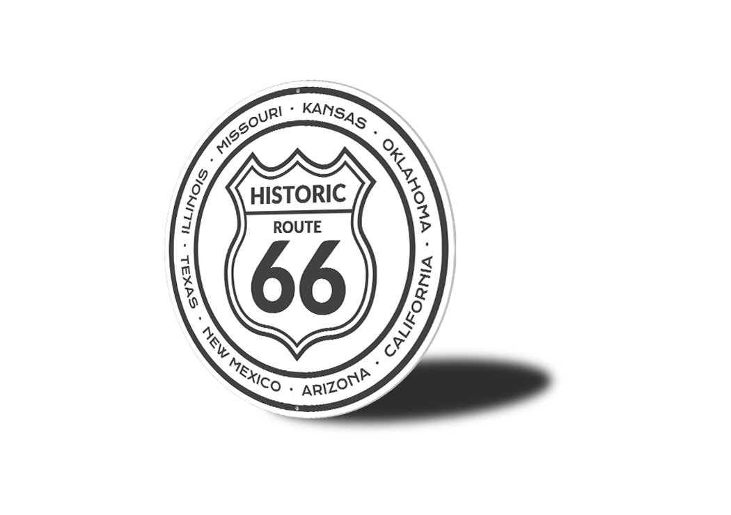 Historic Route 66 States Novelty Sign made of aluminum, featuring vibrant colors and iconic Route 66 design, perfect for home decor.