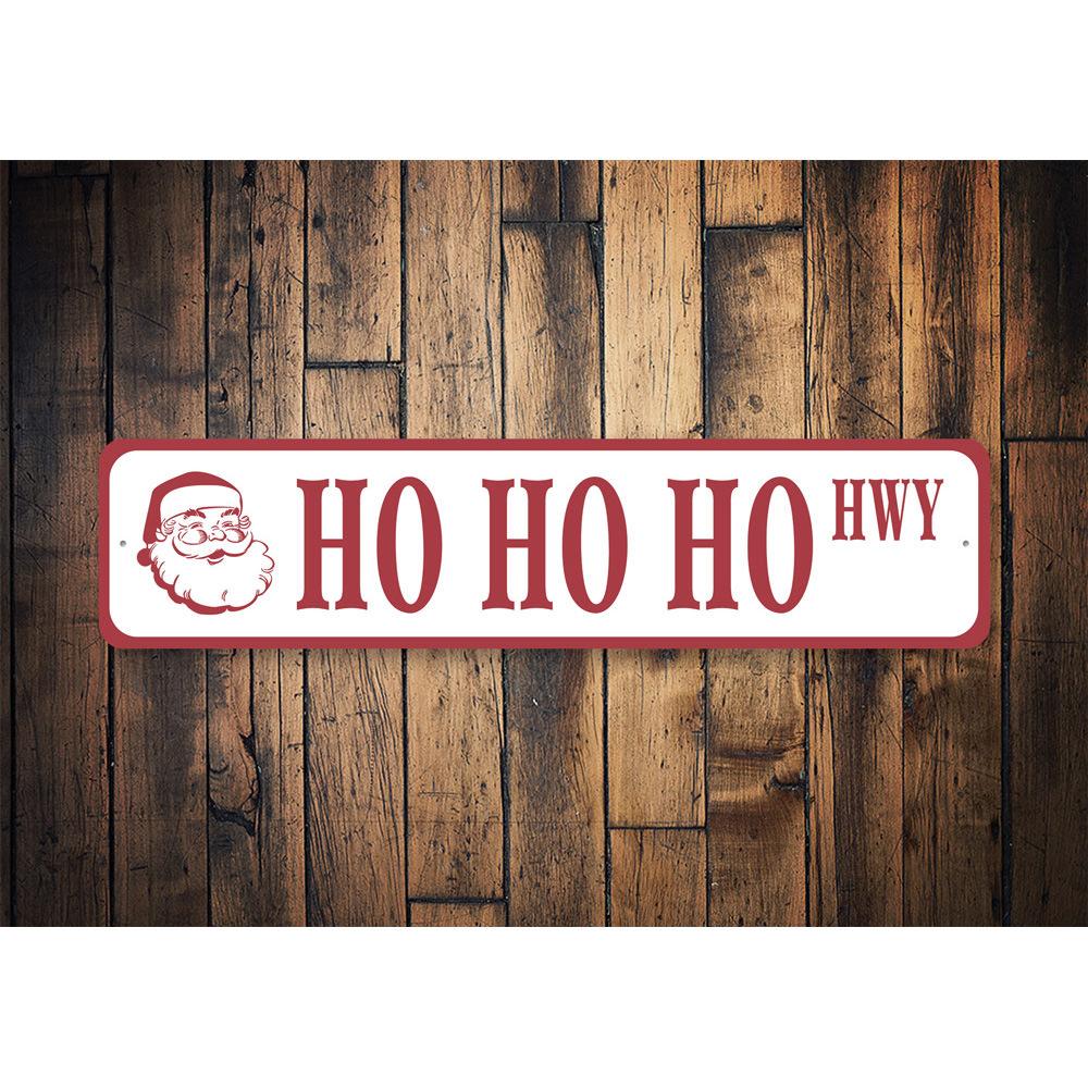 A festive Ho Ho Ho Santa Sign made of high-quality metal, featuring vibrant colors and a cheerful design, perfect for holiday decoration.