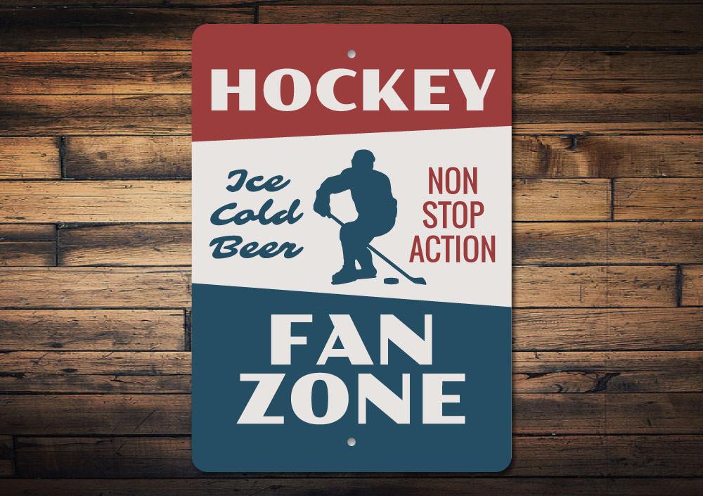 A decorative Hockey Fan Zone Sign made of high-quality aluminum, featuring customizable text and pre-drilled holes for easy mounting.