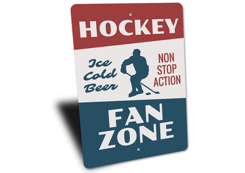 A decorative Hockey Fan Zone Sign made of high-quality aluminum, featuring customizable text and pre-drilled holes for easy mounting.