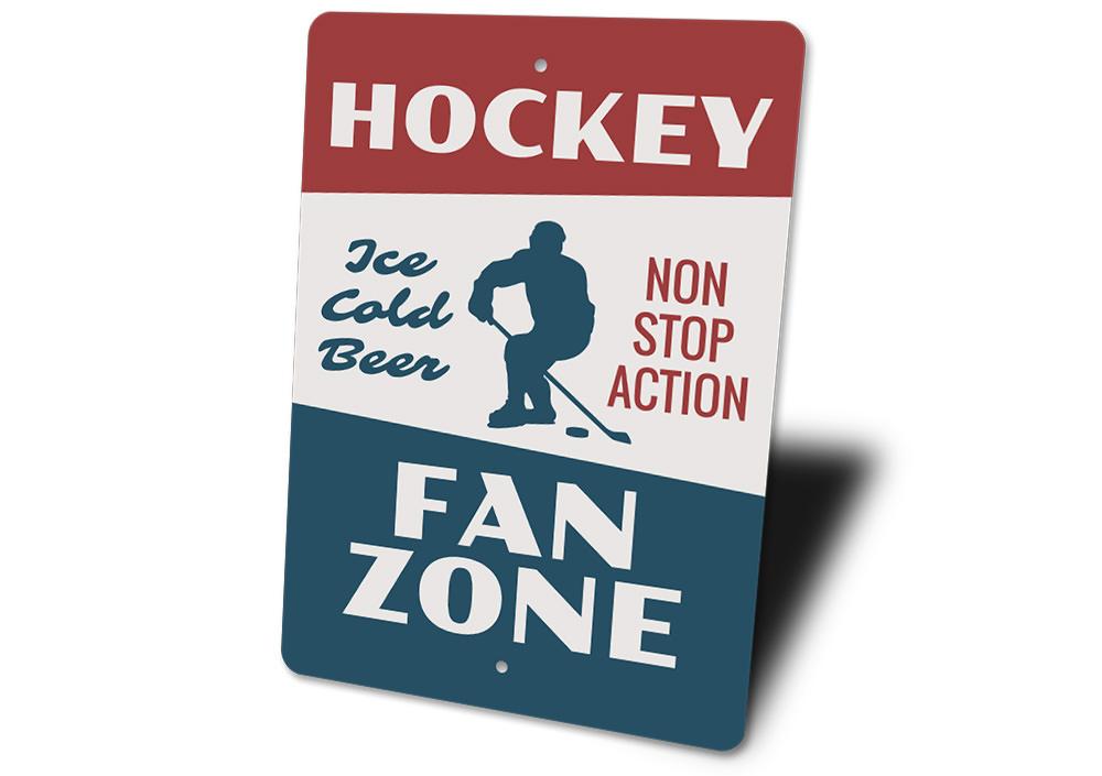 A decorative Hockey Fan Zone Sign made of high-quality aluminum, featuring customizable text and pre-drilled holes for easy mounting.