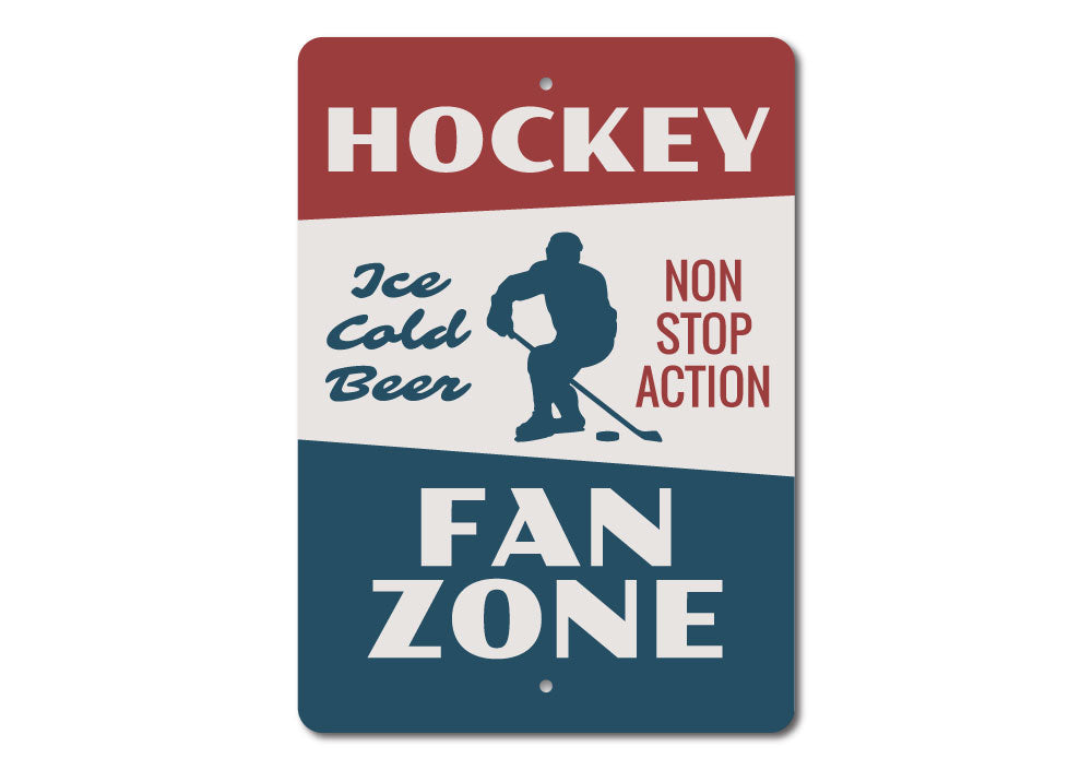 A decorative Hockey Fan Zone Sign made of high-quality aluminum, featuring customizable text and pre-drilled holes for easy mounting.