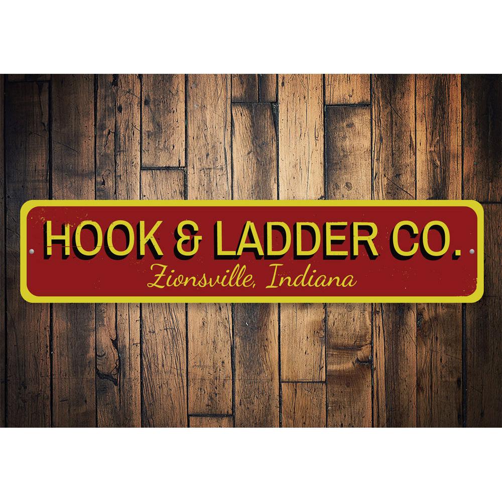 Customizable Hook & Ladder Sign made of high-quality aluminum, featuring pre-drilled holes for easy mounting.