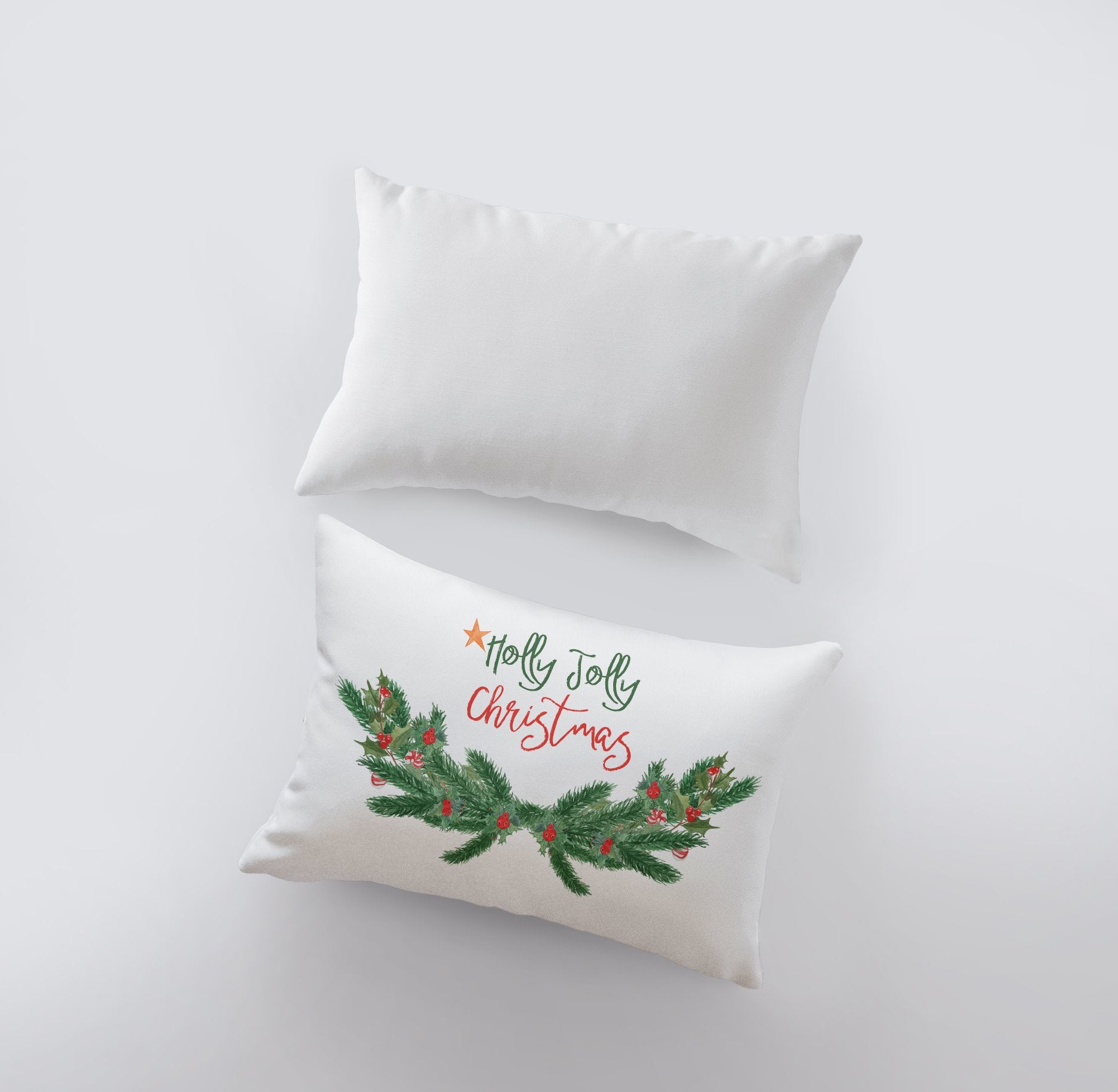 Holly Jolly Christmas Garland Pillow Cover with white background and pine tree swag design, measuring 18x12 inches.