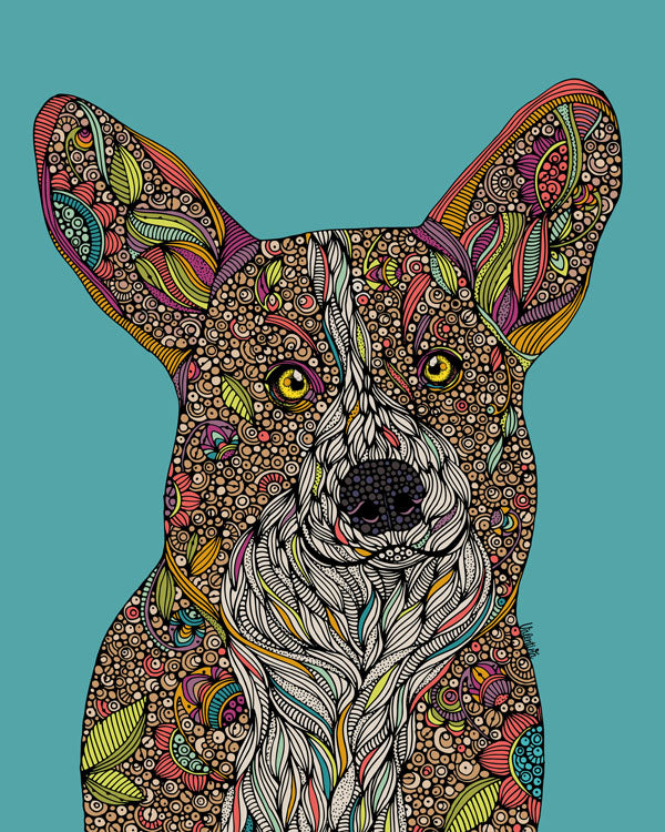 Art print of Holly the Corgi, vibrant colors on 8x10 photographic paper, ready to frame.