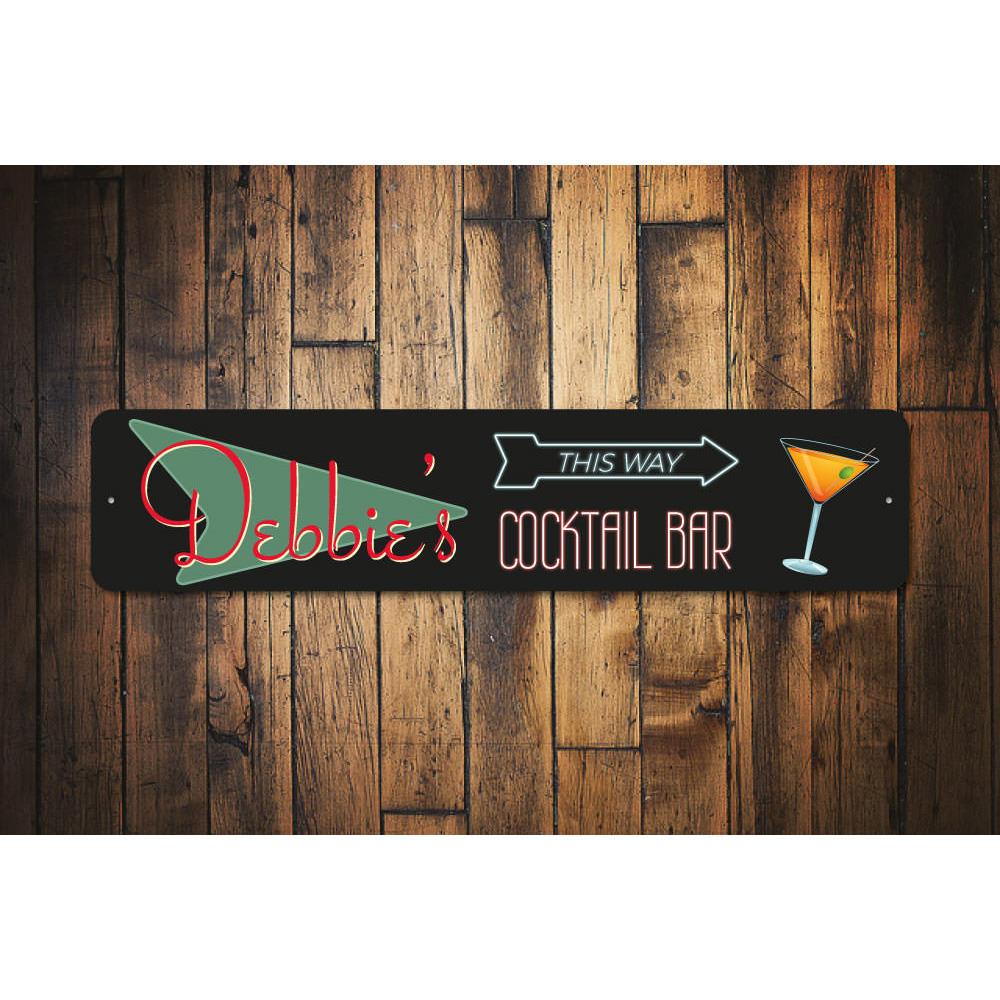 A stylish Home Cocktail Bar Sign made of high-quality aluminum, featuring customizable text and pre-drilled holes for easy mounting.