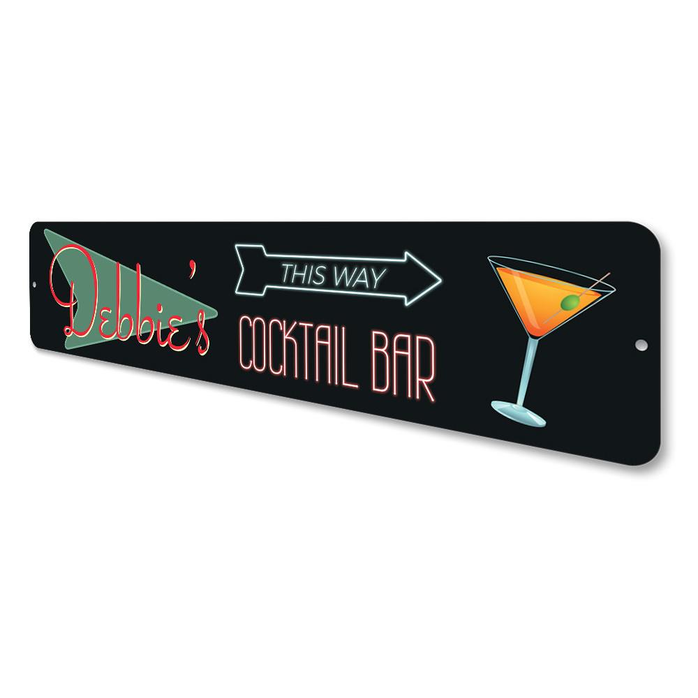 A stylish Home Cocktail Bar Sign made of high-quality aluminum, featuring customizable text and pre-drilled holes for easy mounting.